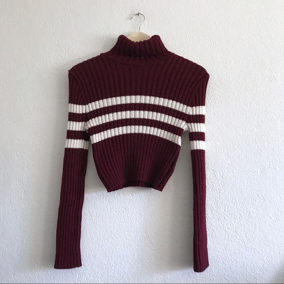 Vintage Sweaters - Burgundy white striped Ribbed Cropped Turtleneck